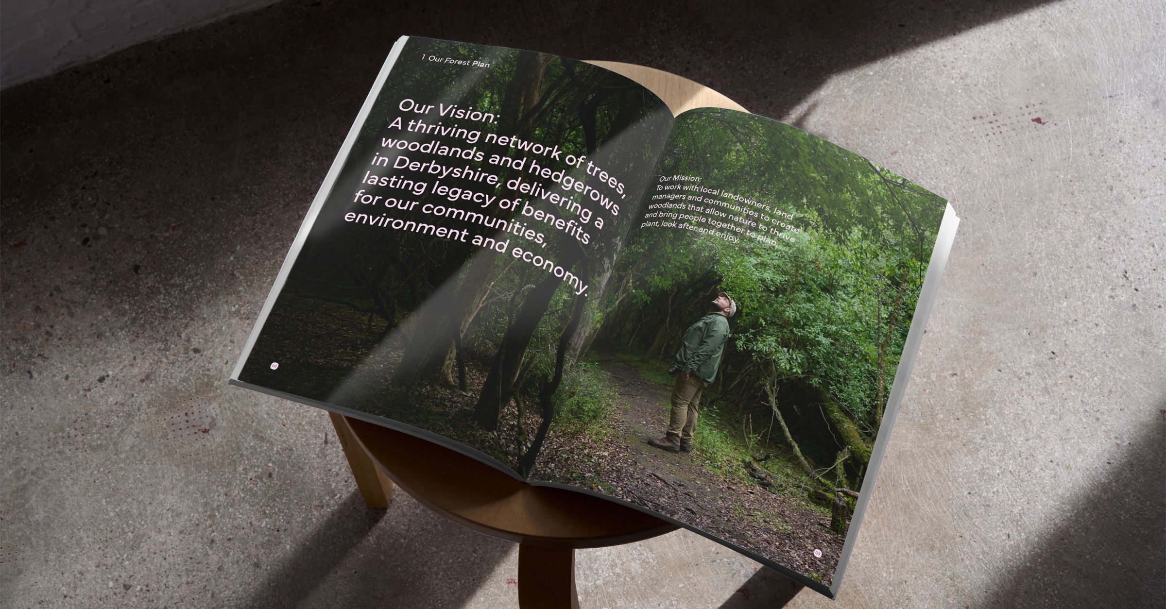 Open magazine on a wooden stool.