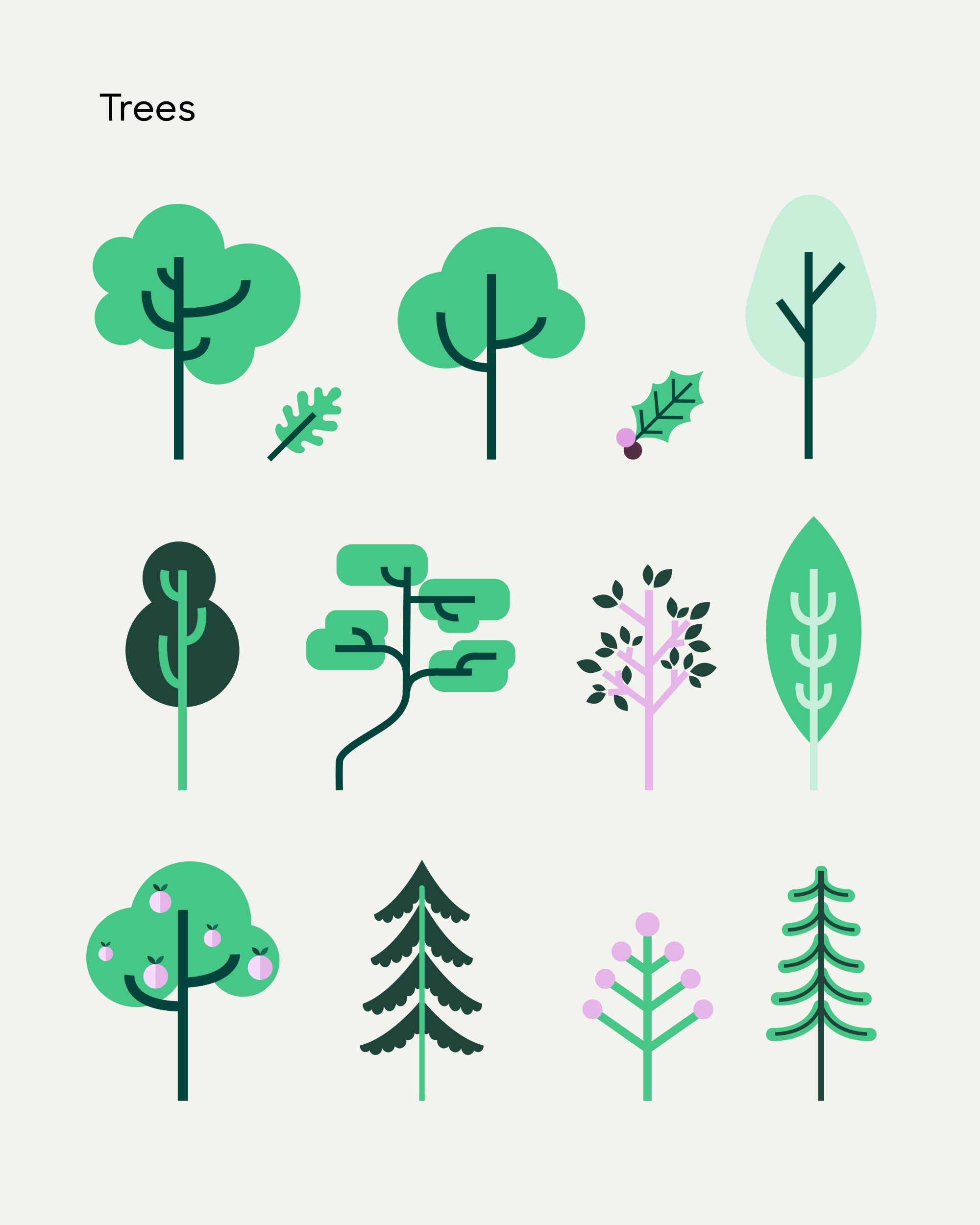 Various stylised green tree illustrations